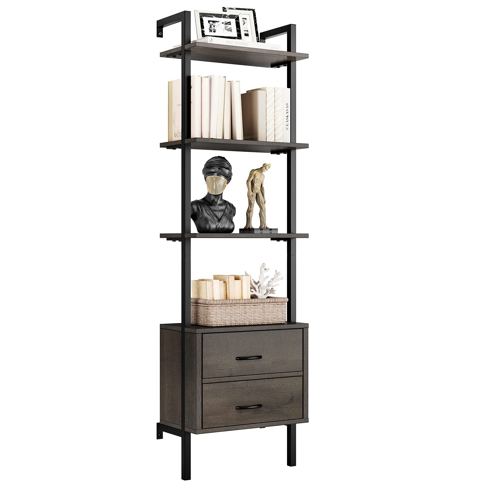 Homfa 3 Drawers Ladder Bookshelf, 3 Tier Open Storage Shelves for Office  Living Room, Rustic Brown 
