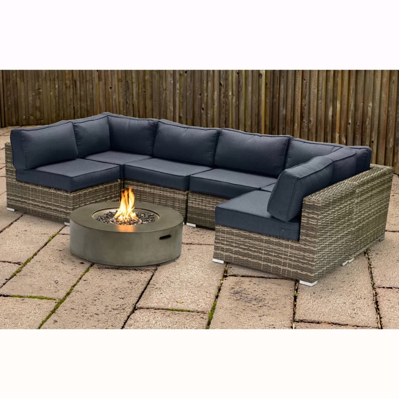 Ensemble de conversation modulaire d'extérieur 7 pièces avec coussins et foyer - aucun assemblage requis, Bleu marine cendré