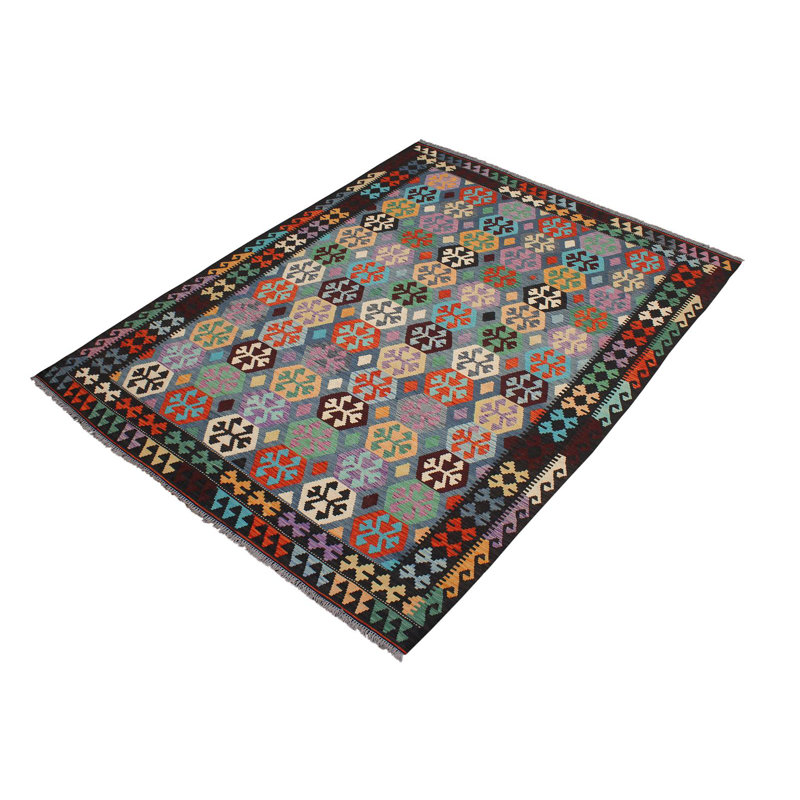 Tapis bleu / brun / mauve en laine noué à la main à motif géométrique 6 pi 10 po x 9 pi 9 po Cedorah