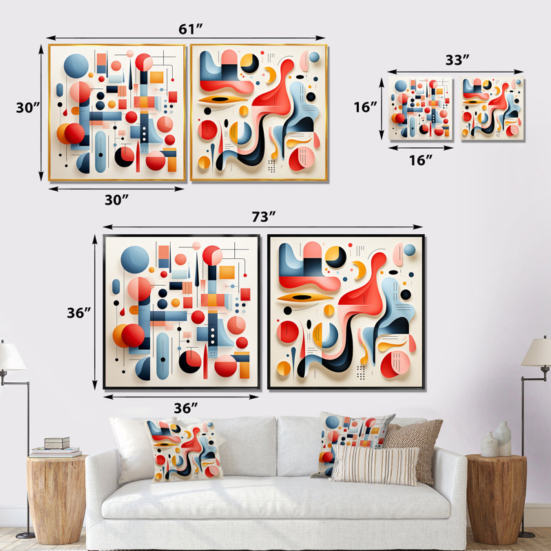 Minimalisme bleu et rouge Form I - ensemble de 2 décorations murales abstraites, Toile tendue, H 16 po x l 33 po x P 1 po