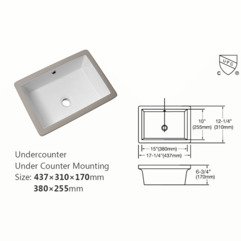 18"X12" White Ceramic Rectangular Undermount Bathroom Sink With Overflow