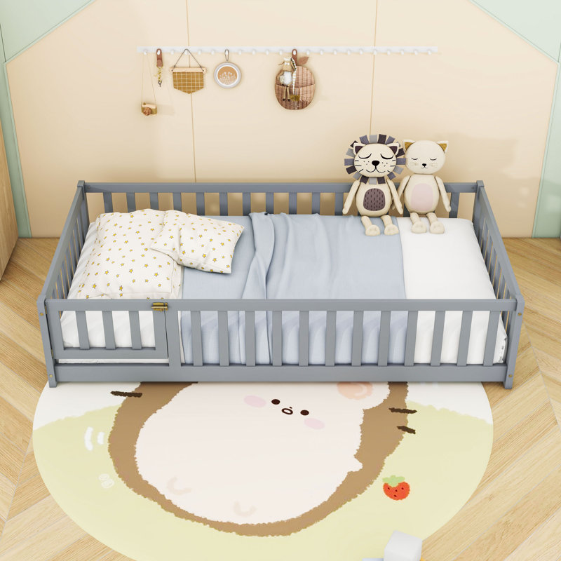 Lit en bois avec clôture, Simple, gris