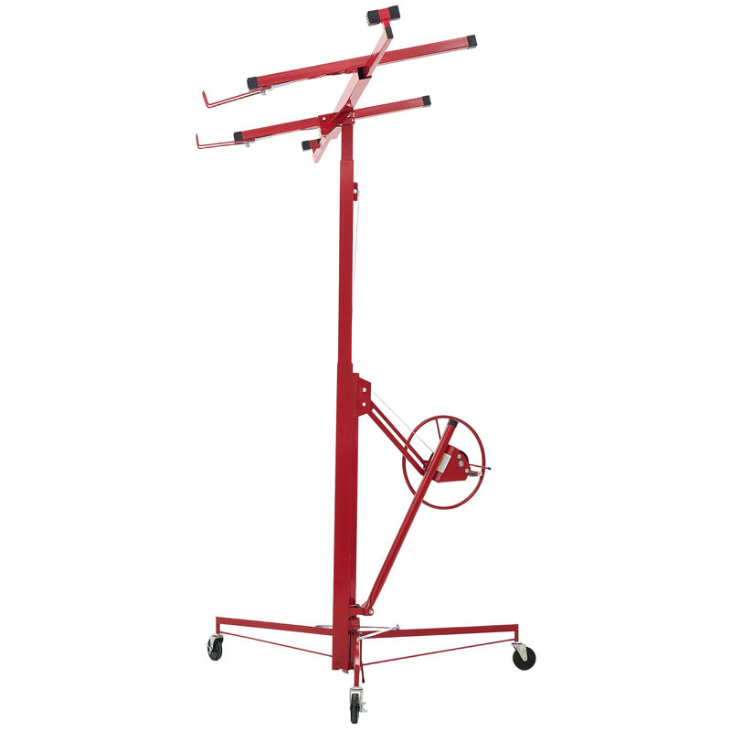 Élévateur de cloison sèche de 11 pi, palan à feuille robuste 150 lb avec bras télescopique réglable, roues verrouillables, outils de levage de panneau de levage de cloison sèche idéal pour l'installation au plafond et au mur (rouge)