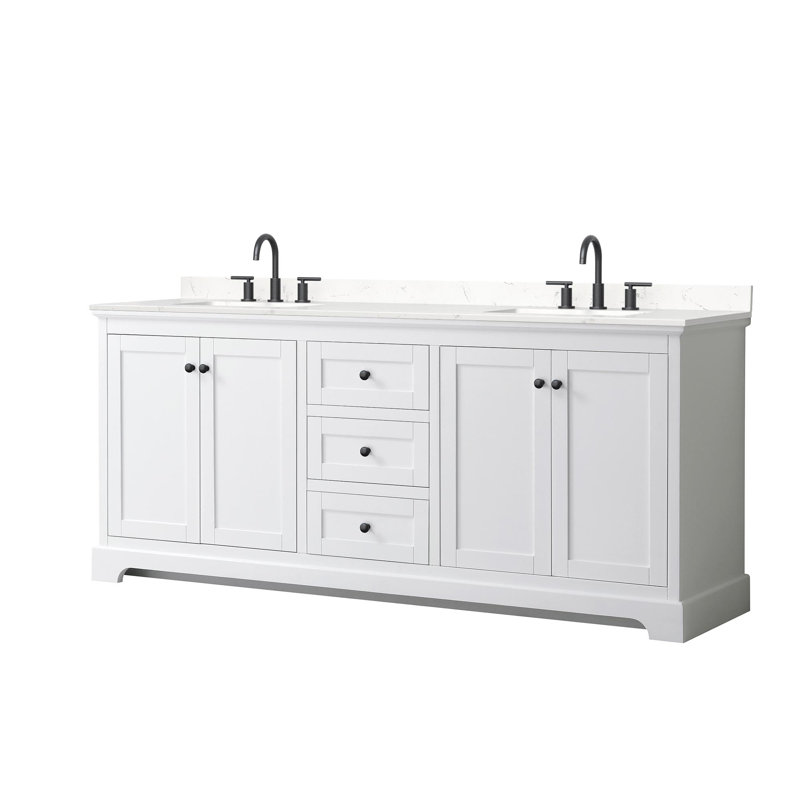 Meuble-lavabo double 80 po Avery en blanc, comptoir en marbre de culture blanc, lavabos carrés encastrés (3 trous), garniture or brossé