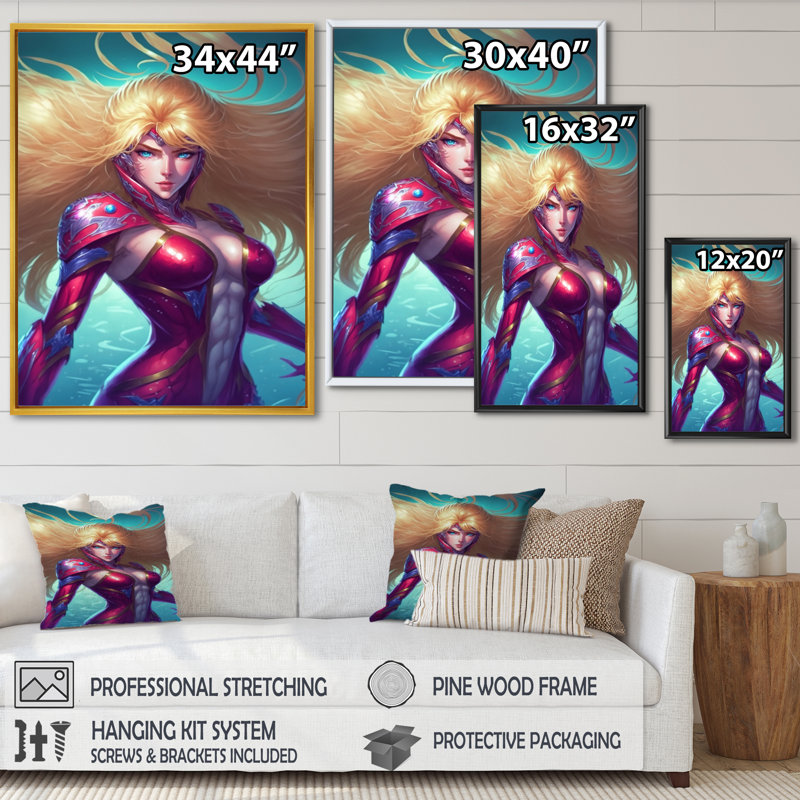Chaynee, un dessin animé magenta blond sur toile, H 20 po x l 12 po x P 1 po, Cadre flottant doré