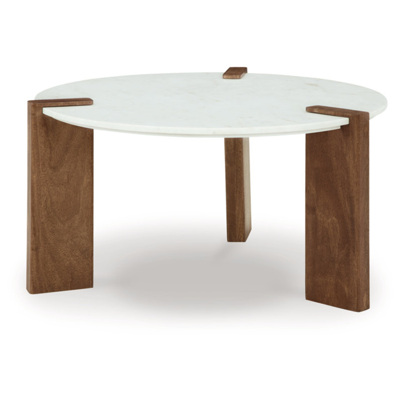 Round White Marble Top Coffee Table with Brown Wood Base