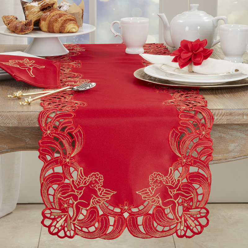 Embroidered Angel Cherub Holiday Table Runner, Red, 72" x 16"