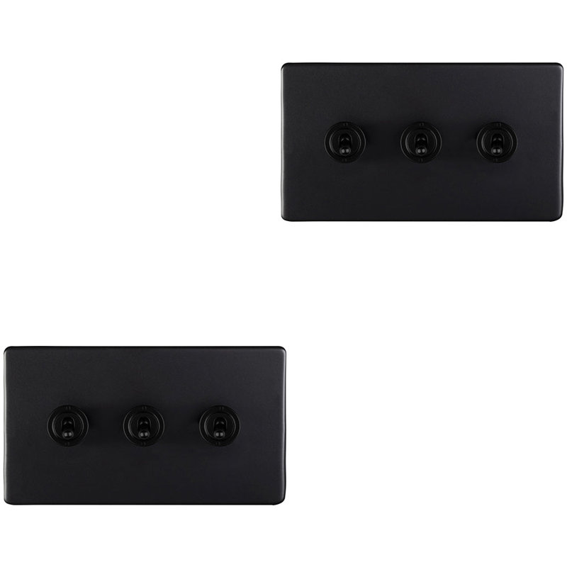 2 PACK 3 Gang Triple Retro Toggle Light Switch SCREWLESS MATT BLACK 10A 2 Way, Matte Black, Black