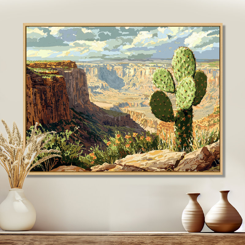 Cactus d'Izavier au bord du canyon - cactus, décoration murale, H 24 po x l 32 po, Cadre flottant, Crème, crème