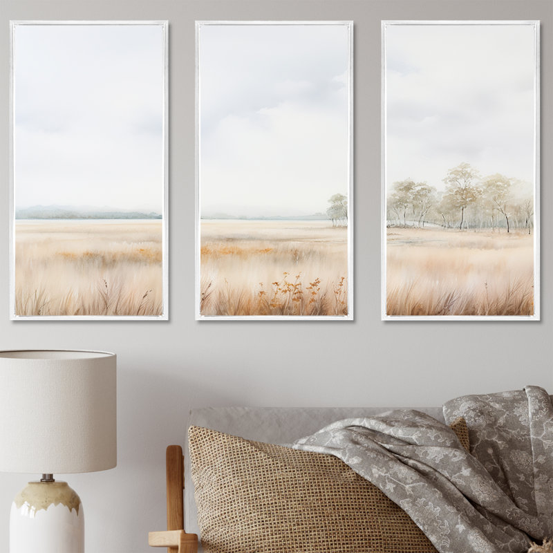 «Meadow Scenery Minimalisme», ensemble d'art mural prairie, H 40 po x l 60 po x P 1 po, Cadre flottant blanc