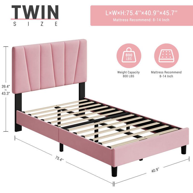 Cadre de lit avec tête de lit réglable, lit plateforme tapissier en lin avec tête de lit, Lit simple, Rose