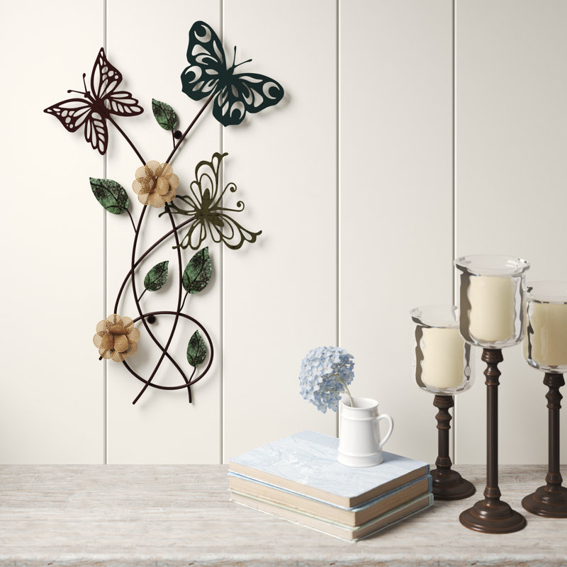 Laurel Foundry Modern Farmhouse® Floral Butterfly Metal Wall Art - Rustic Butterflies with Burlap Leaves and Flowers for Modern Farmhouse Living Room Decor