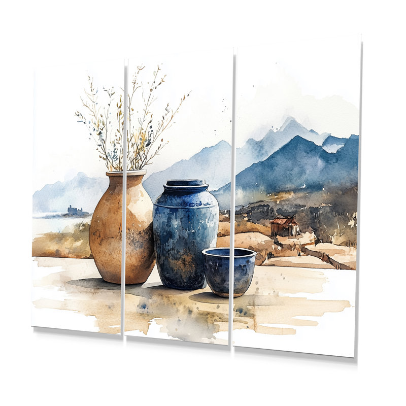«Blue China and Blue China Pottery Serenity III - Boho Pottery», ensemble d'art mural, Métal métal