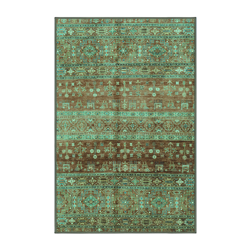 Tapis tissé à la machine à motif géométrique turquoise, Rectangle 2 pi x 4 pi