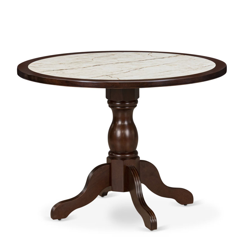 A Round Dining Room Table with Striated Stone Marble Pattern tabletop, Mahogany Finish, Mahogany