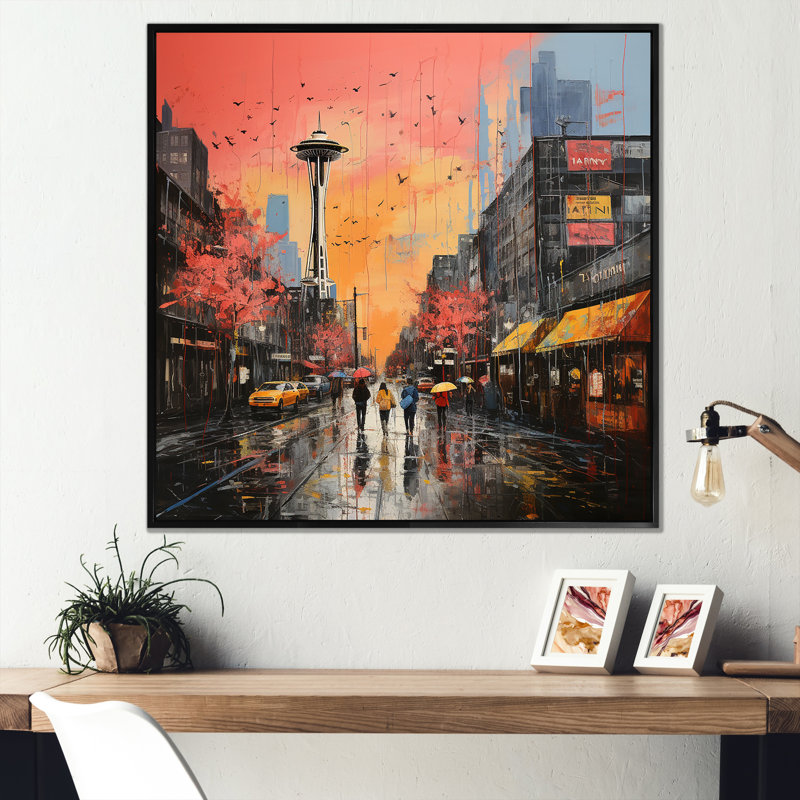 Pop Art Seattle Cityscape Views - Seattle, art mural, Cadre flottant noir, 30" H x 30" W