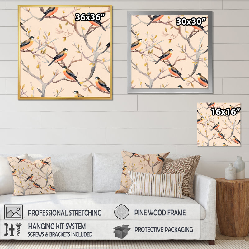 «Little Birds On The Tree Branches», reproduction d'art sur toile encadrée, Cadre flottant doré, H 30 po x l 30 po x P 1 po