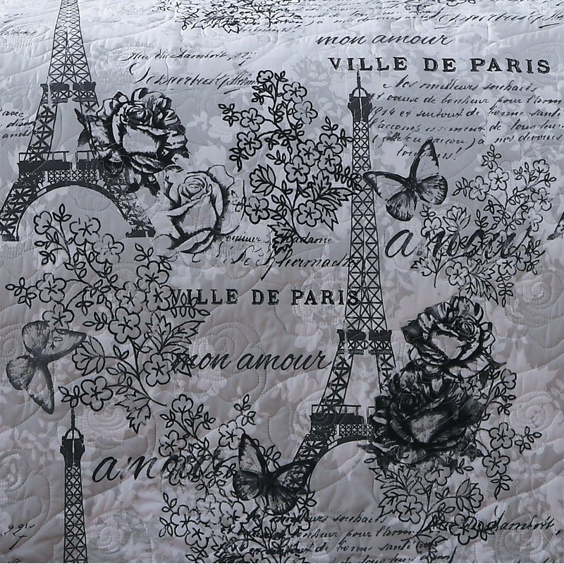 Amour Polyester Toile Quilt, Black/White, Full/Queen Quilt + 2 Shams + Throw Pillow