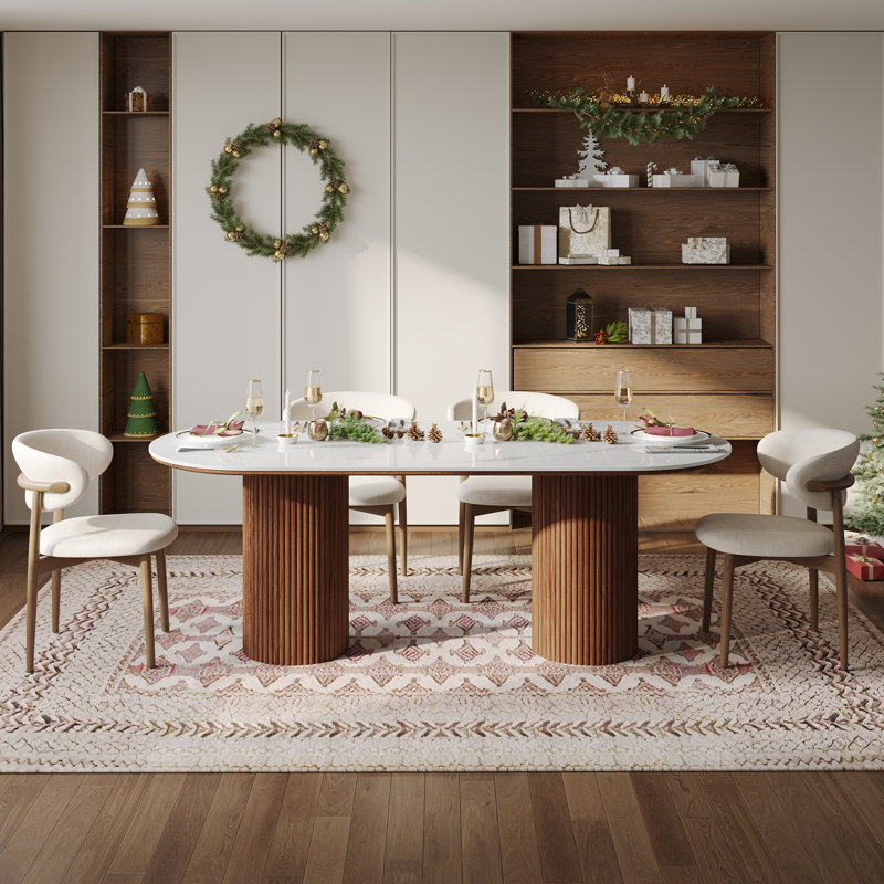 71" Modern Oval Dining Table Set With 6 Dining Chairs, Brown