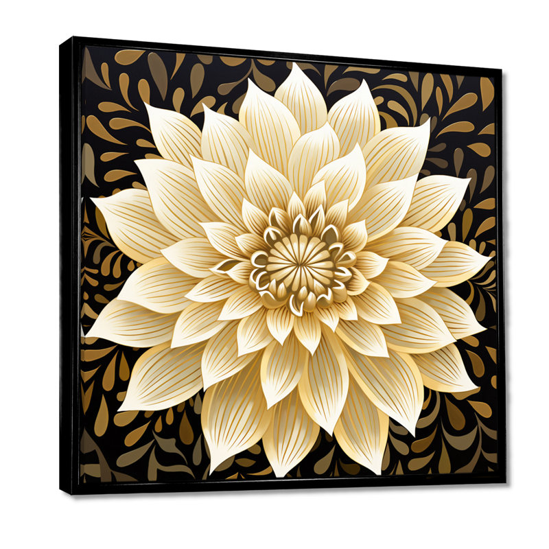 Dahlia blanc feuilles dorées rétro - impression d'art mural Dahlia, Toile avec cadre flottant noir