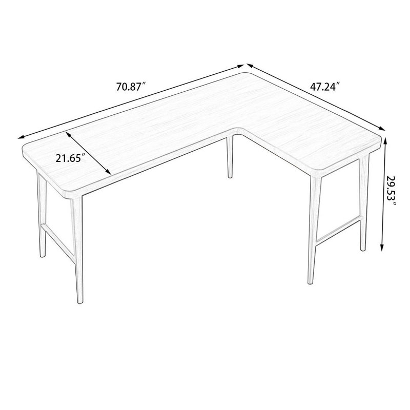 Bureau brun en bois massif en forme de L, Orienté à droite, H 29,53 po x l 70,87 po x P 21,65 po