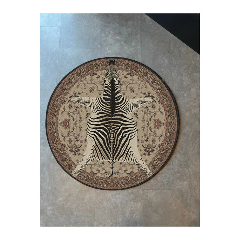 Round Beige Vintage Theme Zebra Patterned Design Woven Floor Carpet, Round 2'8"