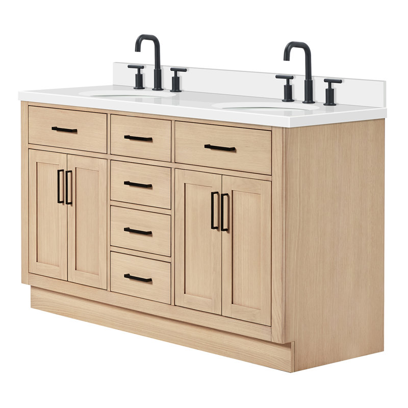 Meuble-lavabo double en bois massif Tidworth avec plateau en quartz blanc de 1,5 po, Chêne naturel / noir mat, Ovale