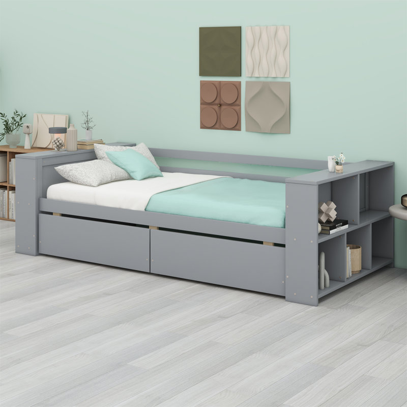 Lit de jour avec tablettes et tiroirs, Gris