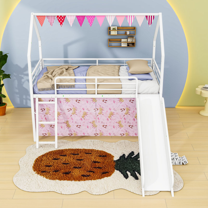 Twin Metal Loft Bed With Curtain, Slide And Ladder, White/Pink