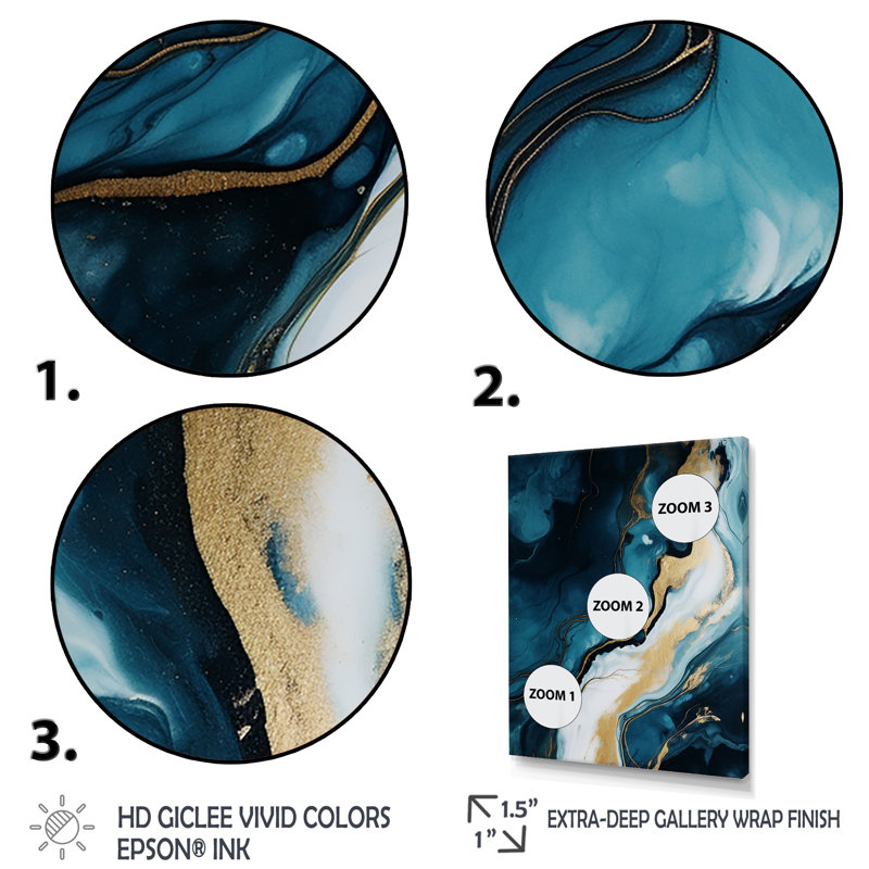 Gold And Blue Abstract Marble Paint I - Marble Wall Decor, Gold Floater Framed, 32" H x 16" W x 1" D