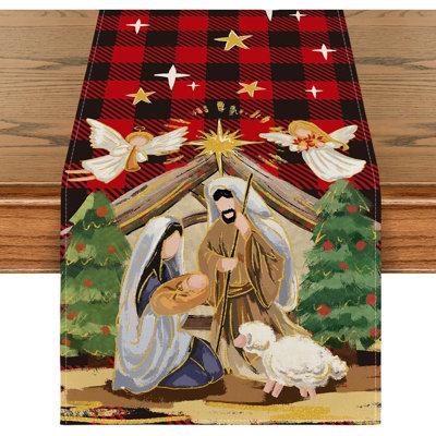 Buffalo Plaid Kogiya Shepherd Christmas Table Runner, Winter O Holy Night Xmas Kitchen Dining Table Decoration For Home Party Decor 13X72 Inch