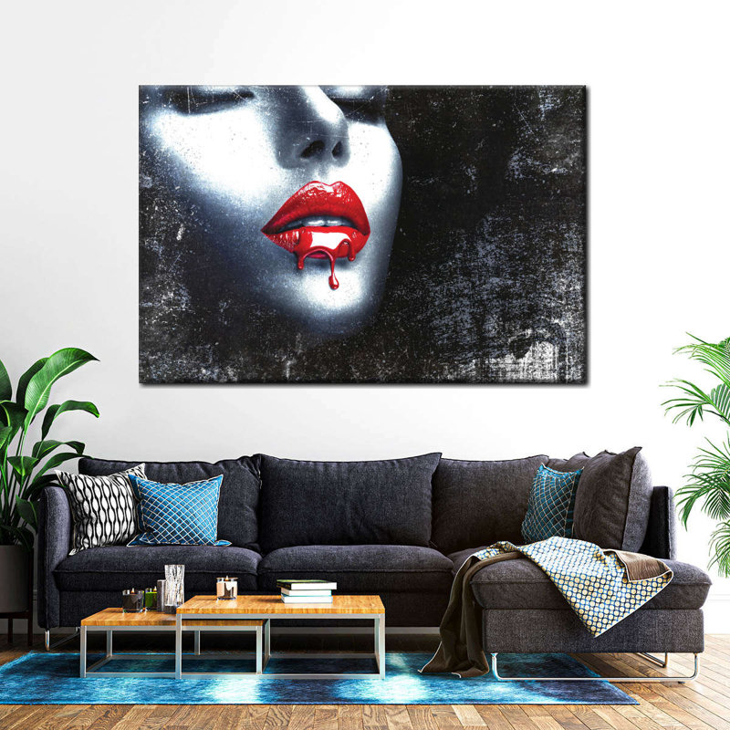 " Red Lips Paint Drip " Print, 26" H x 39" W x 1.25" D