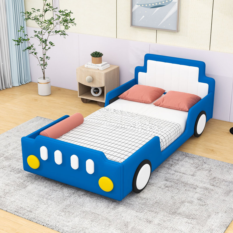 Upholstered Twin Race Car-Inspired Platform Bed With Guardrails And Sturdy Slats, Blue