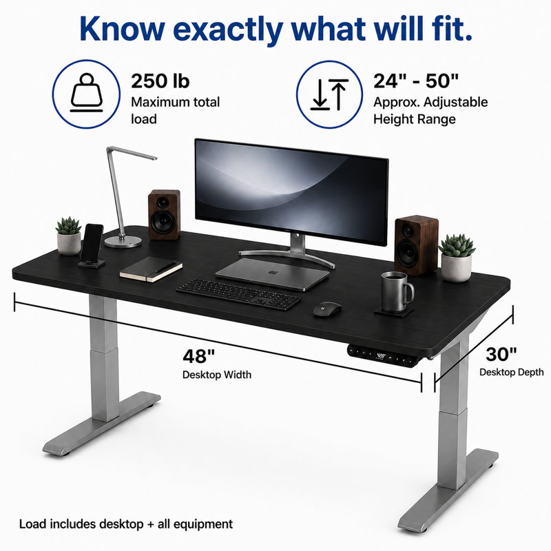 Bureau debout électrique à double moteur 48 po x 30 po Uncage, H 51,6 po x l 48 po x P 30 po, Noir/gris