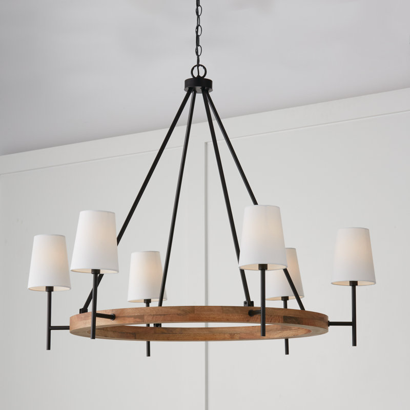 Large Matte Black and Light Wood Chandelier with White Fabric Shades
