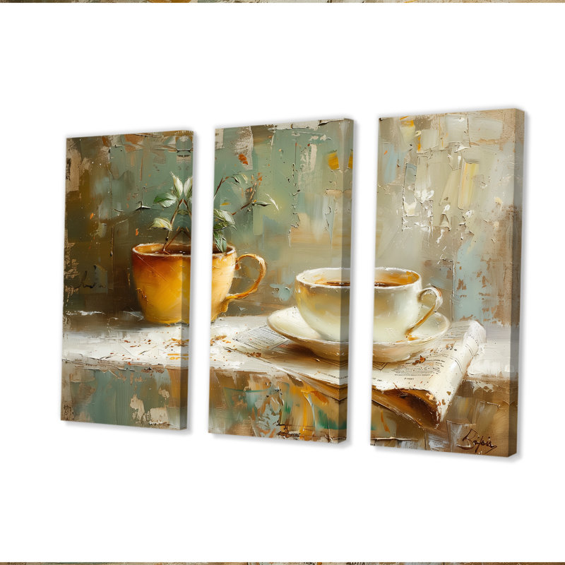 Blanc, beige, confortable, tasse de café I - ensemble d'art mural café, Toile tendue, H 32 po x l 48 po x P 1 po