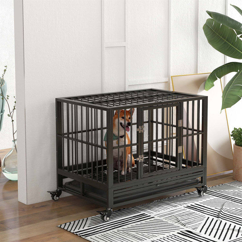 Caisse pour chien robuste de 43 po, grande cage pliable en acier robuste avec 4 roues verrouillables, portes doubles, plateau ouvert et plateaux amovibles pour chiens de taille moyenne et grande, noir