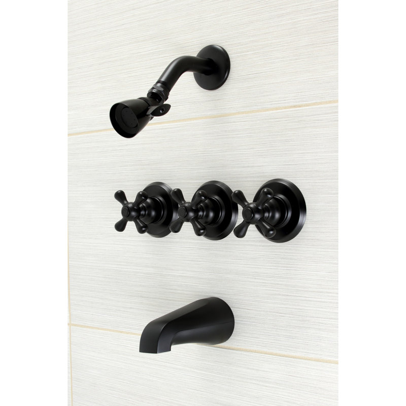 Kingston Brass Victorian Triple-Handle Tub and Shower Faucet, Cross Handle, Matte Black