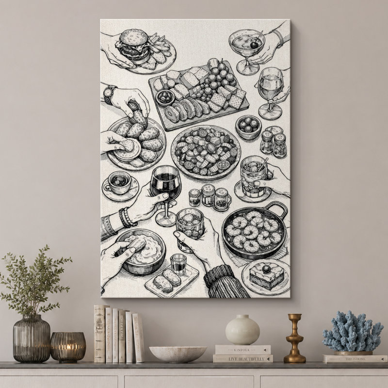 Noir et blanc, art de la ligne de la fête, images de la salle à manger, impression sur toile encadrée, 24" H x 16" W x 1.5" D