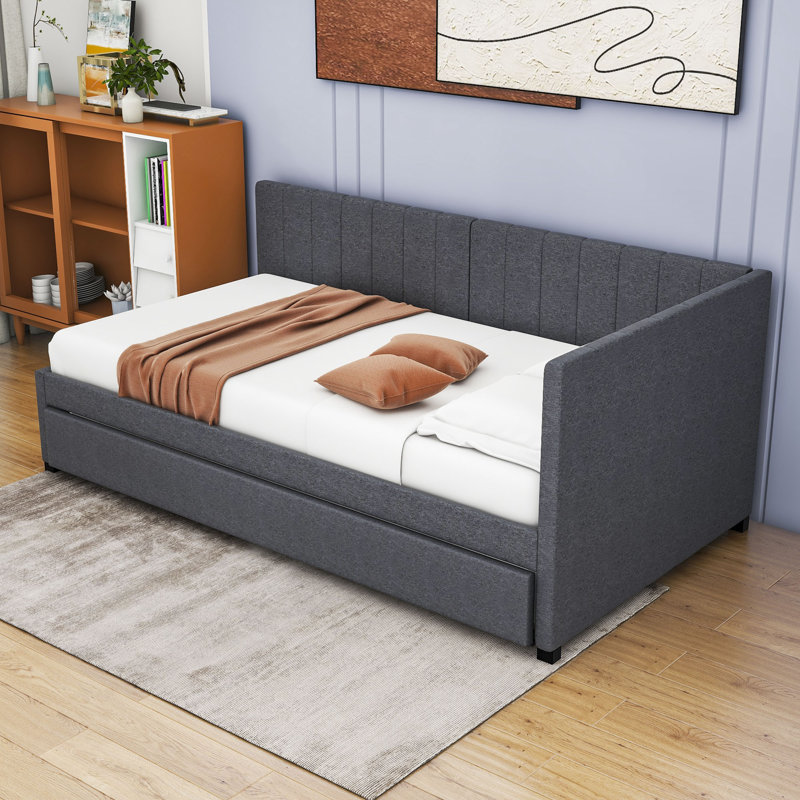 Yasmir Upholstered Sofa Daybed with Trundle, Twin, Gray