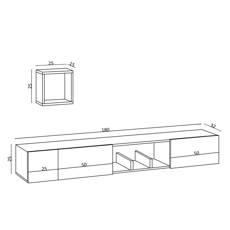 Sapphire Oak TV Unit with Wall Shelf & Chest, 70.9 x 9.8 x 12.6 in | 100% Melamine Coated Particle Board, Antibacterial, Modern Scandinavian Design | Easy Assembly, Perfect for Living Room & Entertainment Spaces
