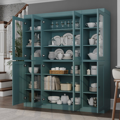 100% Solid Wood Pantry China Cabinet, Clear Glass & Shaker Doors, Adjustable Shelves, 65" Wide, 71.5" Tall by Hokku Designs