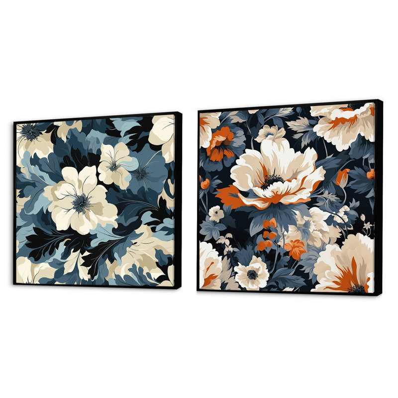 Floral Tropical Tranquility Vibes IV - Ensemble de 2 collages floraux carrés, Cadre flottant noir, H 16 po x l 33 po