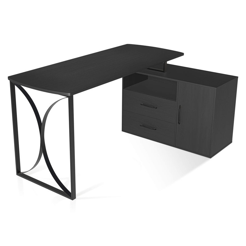 L-Shaped Writing Corner Desk, Computer Desk with Drawer and Cabinet, Black/Black 