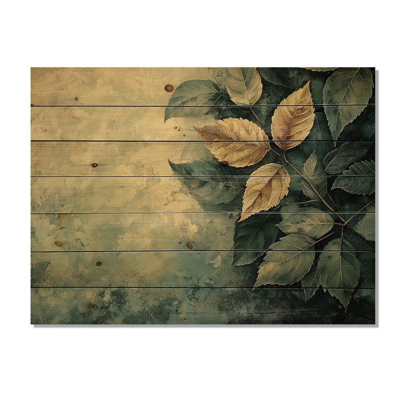 Feuilles de la forêt brune, tranquillité IV - Impression sur bois de feuilles - sur bois de pin naturel, H 10 po x l 20 po
