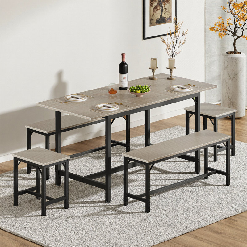 Ensemble de table de salle à manger extensible pour 4-8 à 63 pouces de large plateau de table en bois brun rustique extensible avec structure en métal, 2 bancs et 2 tabourets, peu encombrant pour la cuisine, les appartements ou les rassemblements