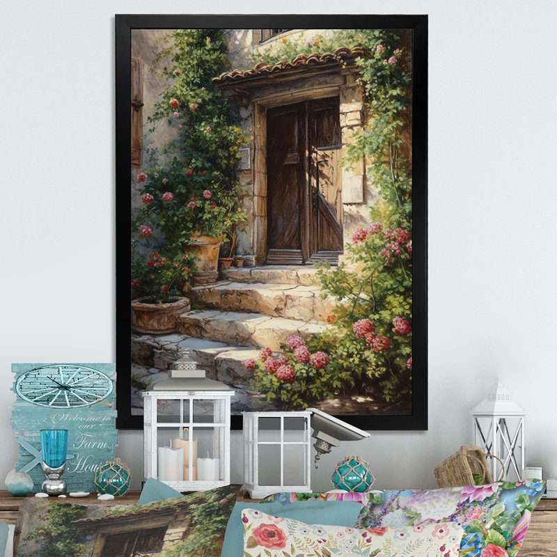 Porte de village Ryesha remplie de fleurs II sur toile, Cadre photo noir, H 20 po x l 12 po x P 1 po