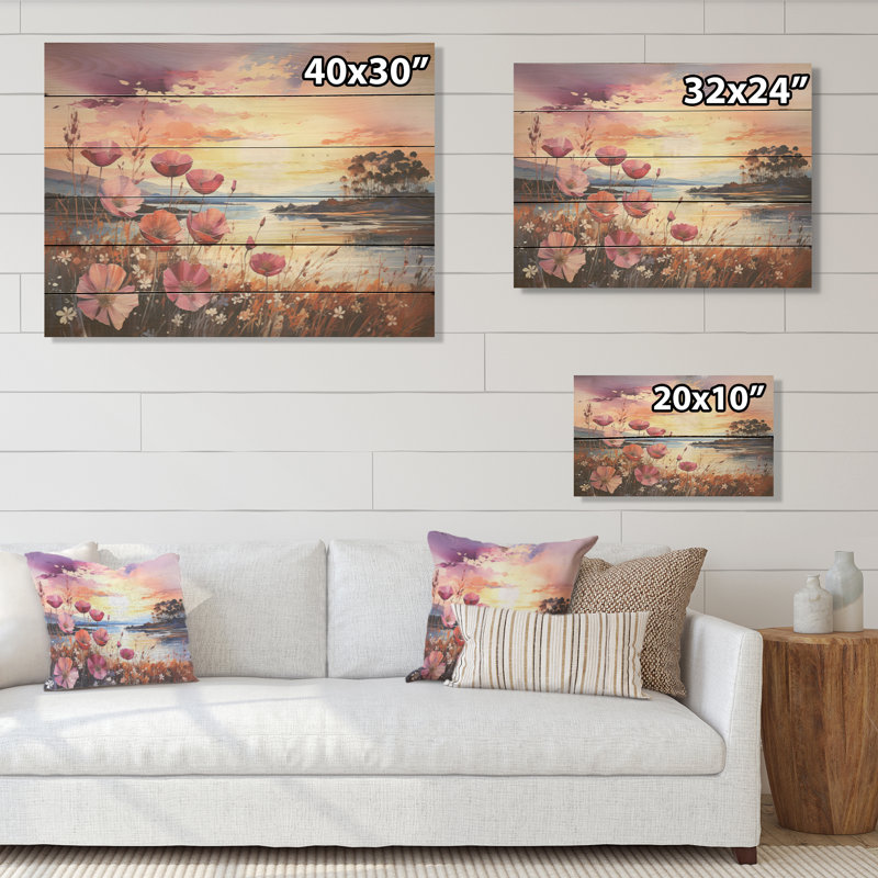 Wildflowers Sunset - Art mural en bois sur panneau de pin naturel Wildflowers, H 30 po x l 40 po