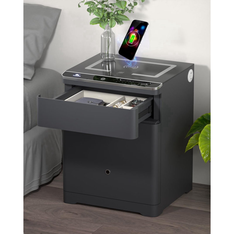 Coffre-fort à empreinte digitale biométrique 3 en 1 Tigerking avec chargement sans fil, port USB et de type C pour bureau de chambre à coucher, gris