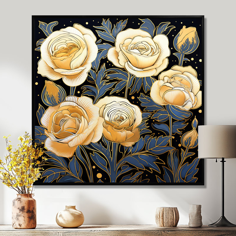 Roses jaunes, feuilles bleues rétro - roses, impression d'art mural, Toile avec cadre flottant noir